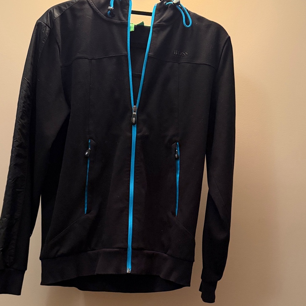 BOSS Men's Black Windbreaker with Vibrant Blue Trim